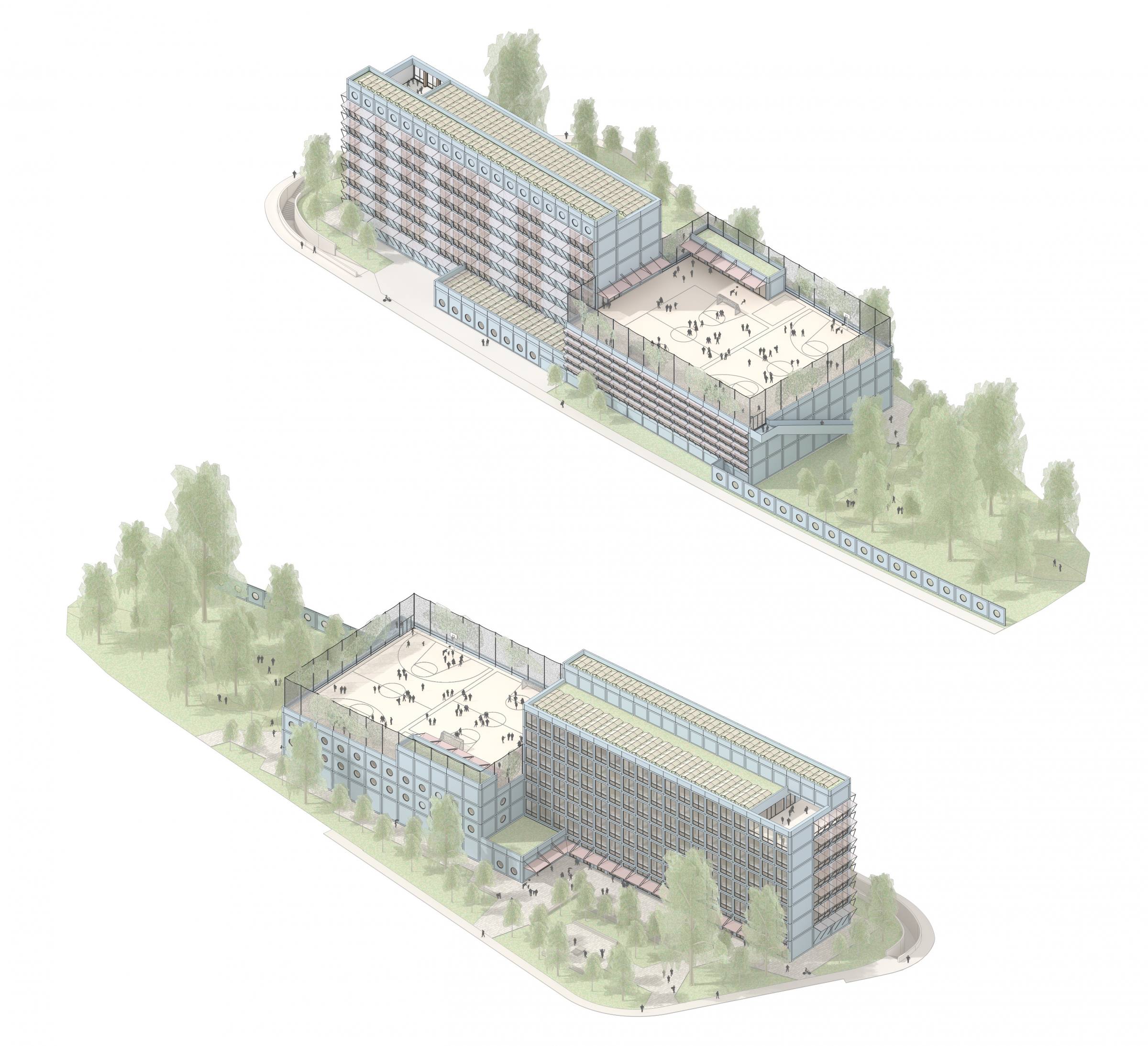 Nach Norden öffnet sich die Schule zum Quartier, nach Süden zur Autobahn verschatten PV-Elemente das Gebäude.