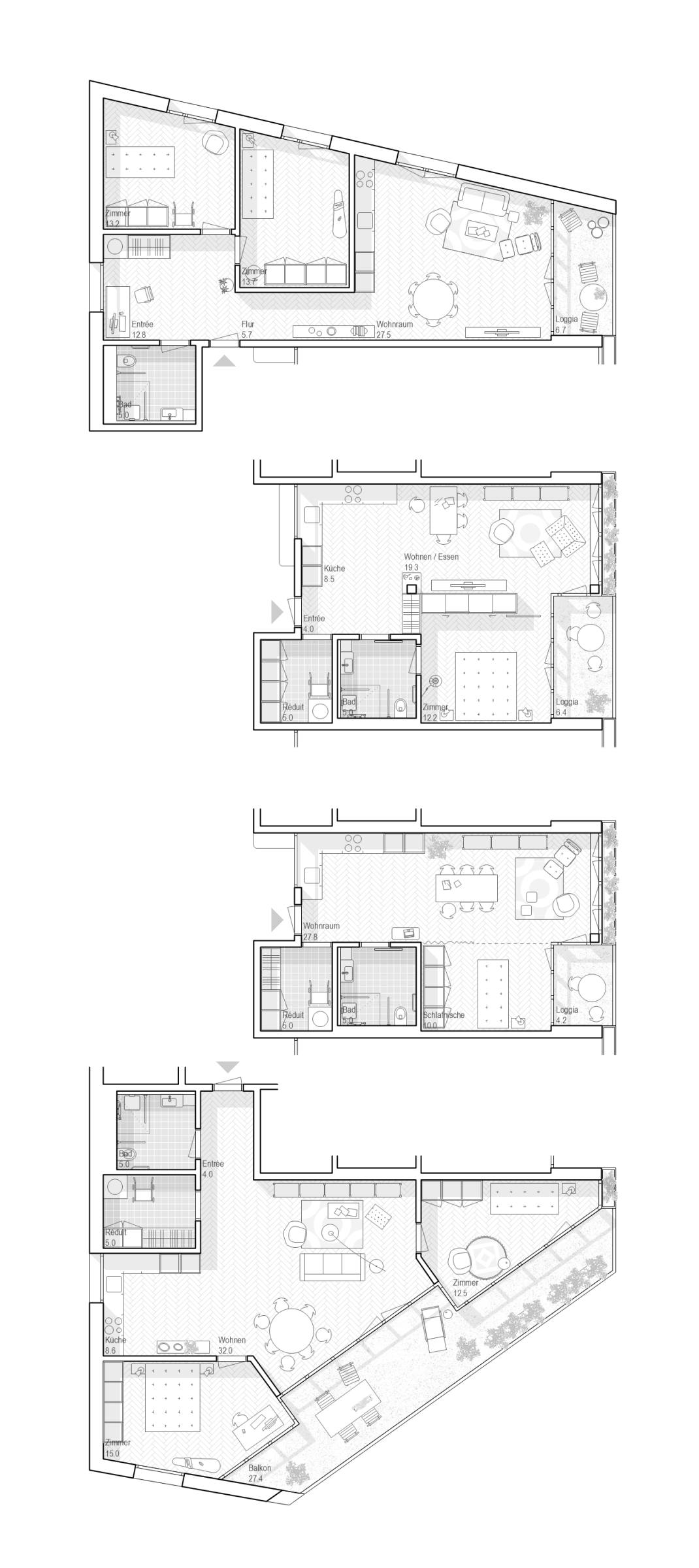 Wohnungstypen: In der Mitte liegen die über den Korridor zweiseitig belichteten Kleinwohnungen, an den Gebäudeenden die etwas grösseren Wohnungen