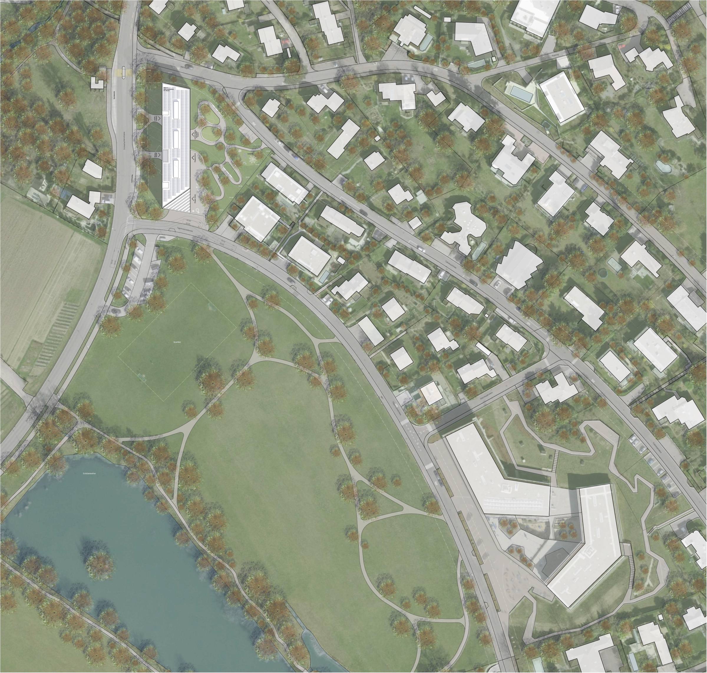 Situationsplan: Links oben der Neubau mit den Alterswohnungen, rechts unten das bestehende Heim