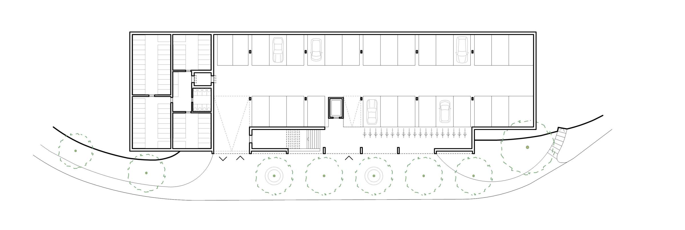 Niveau rue: Accueil, arret bus, garage souterrain, stationnement 2 roues