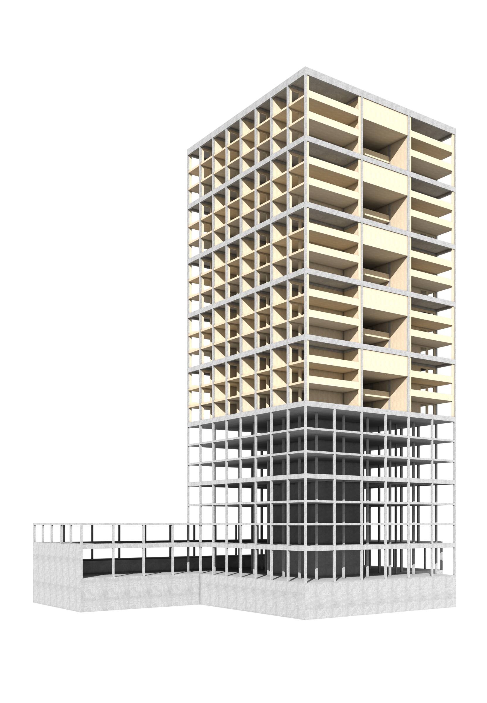 Das Gebäude besteht aus einer hybriden Holz-Beton-Konstruktion.