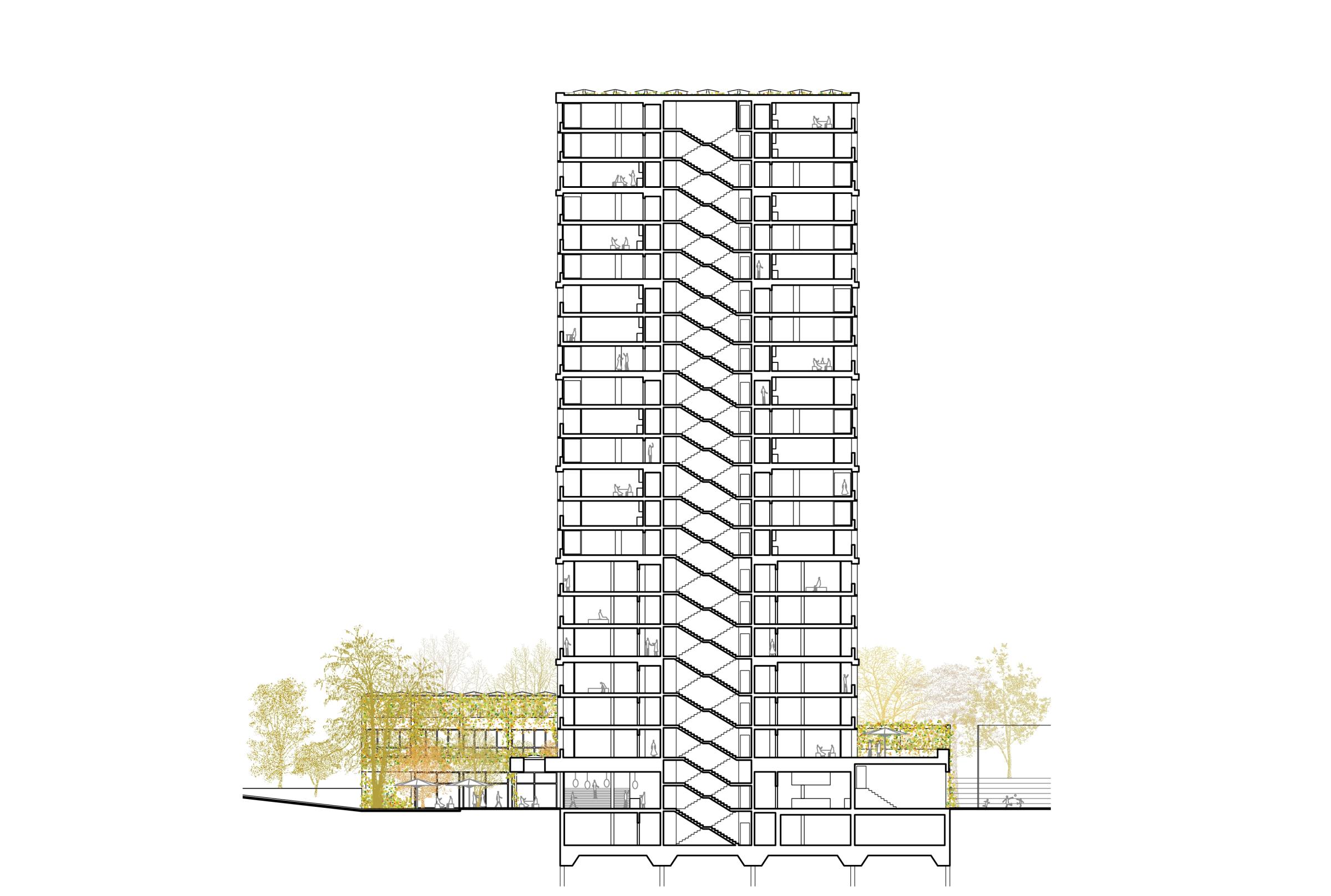 Querschnitt: Der schlanke Turm erhebt sich aus dem dichten Grün der umliegenden Bäume und dem üppig begrünten Sockelbau.