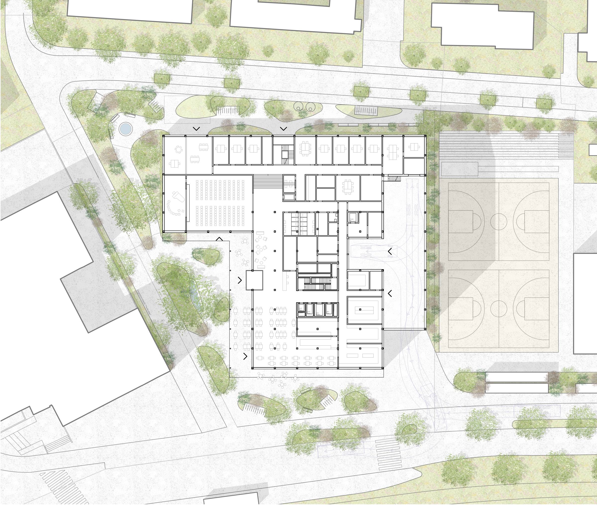 Situationsplan Erdgeschoss: Der dreieckige Vorplatz mit der Vorfahrt wird vom Restaurant und dem Saal flankiert.