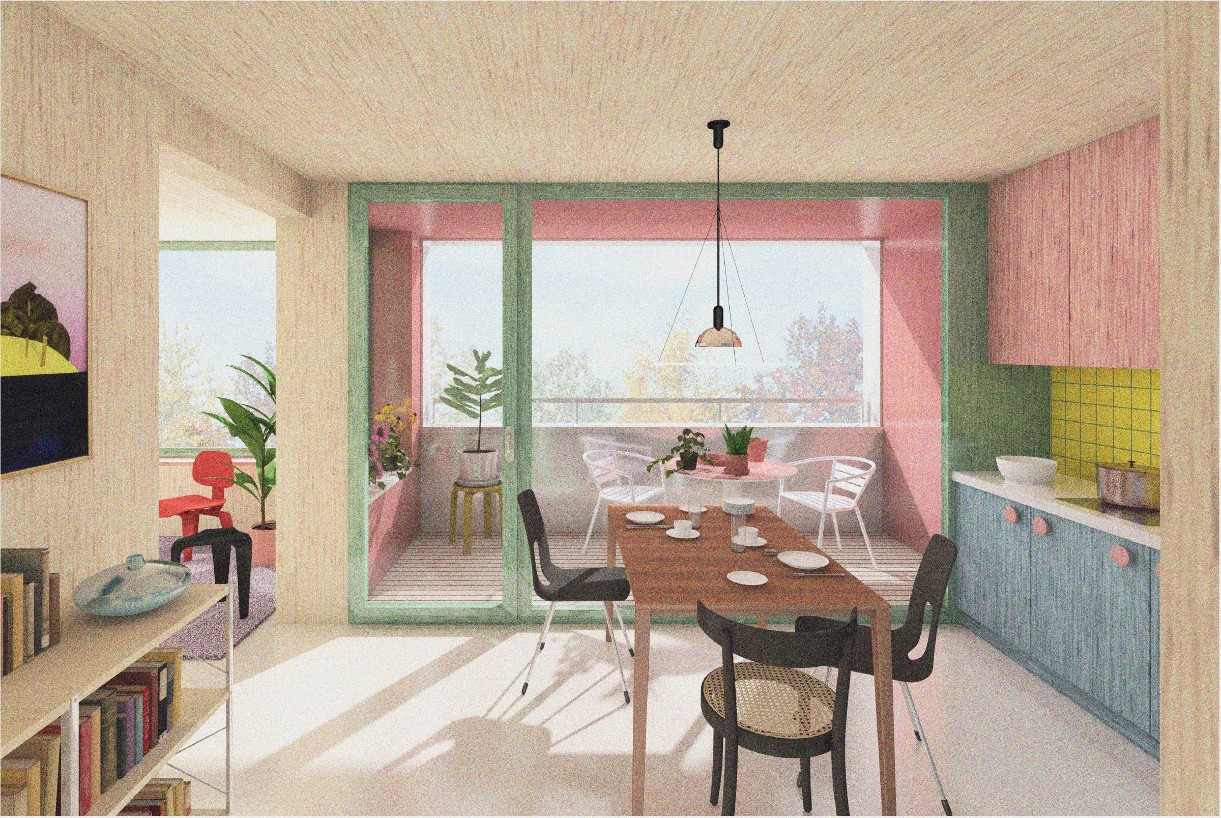 Die innere Materialisierung in Holz erzeugt – auch im Hochhaus – in den Alterswohnungen eine warme und wohnliche Atmosphäre.