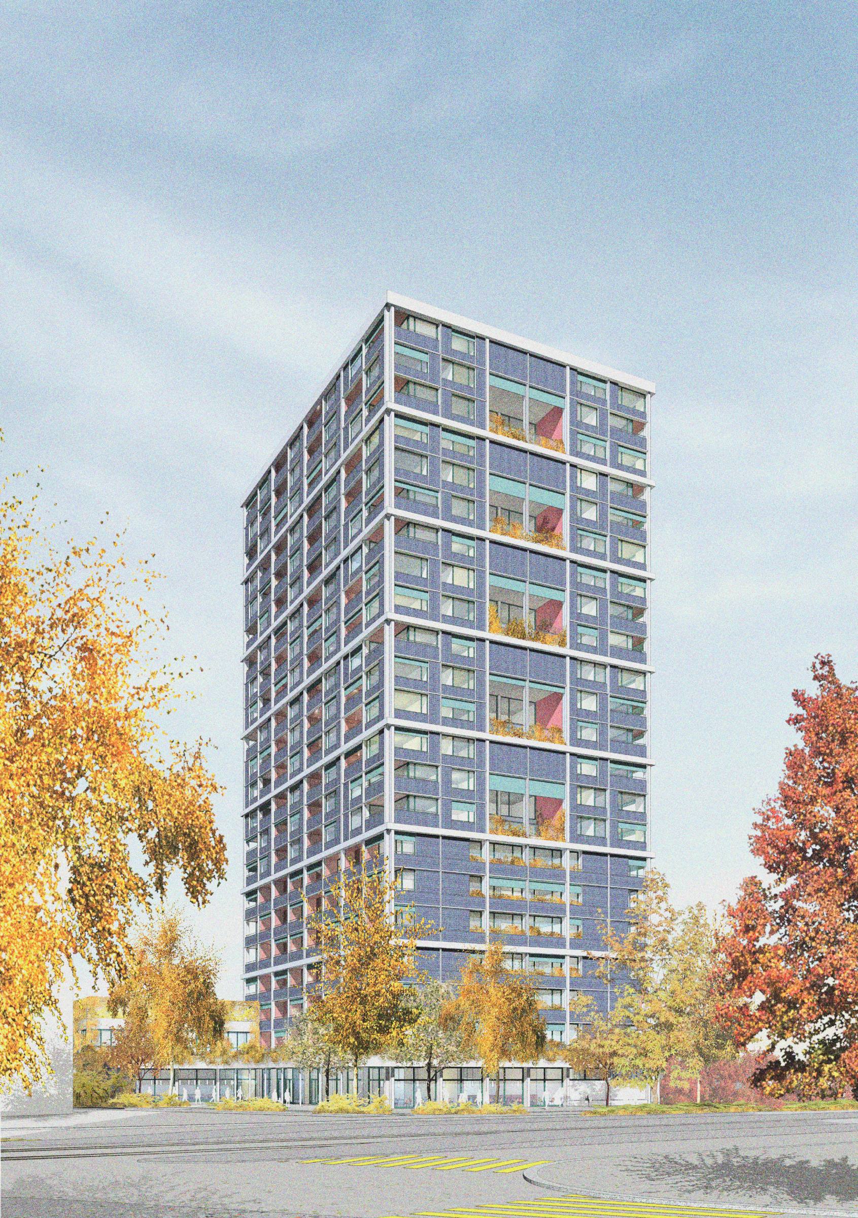 Das Hochhaus wird von den vertikalen Nachbarschaften der Alterswohnungen gegliedert.